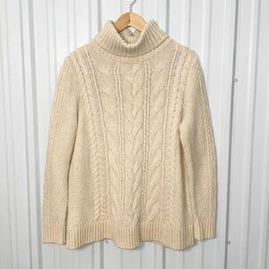 LL Bean Ivory Wool Fisherman’s Cable Knit Turtleneck Sweater Women Large Casual